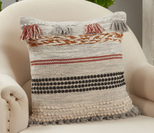 20" Grey, Black and Terracotta Striped Pillow w/fringe Cover Only